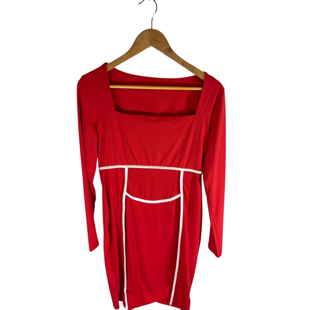 Red Long Sleeve Square Neck Dress with White Trim‎ Accent Small